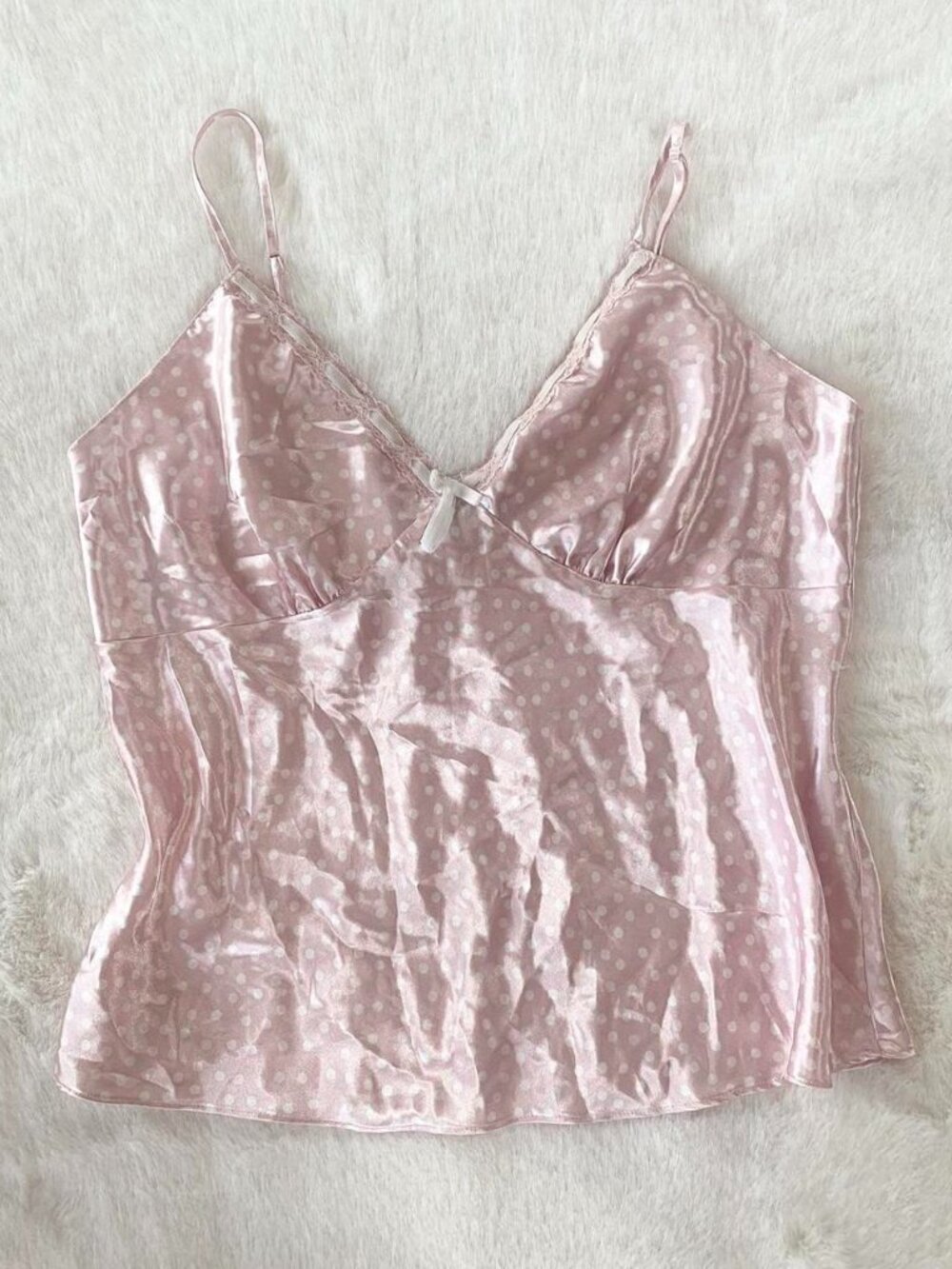 vintage light pink satin polkadot cami top with lace details ♡